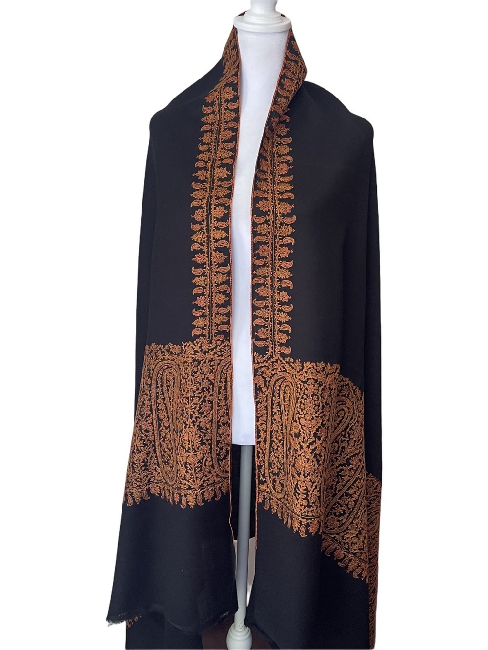 Wool Embroidered Shawl Wrap Scarf Black Orange Gold Floral Made in India
